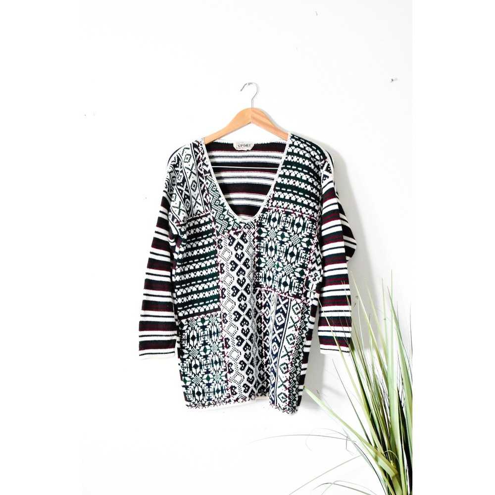 Carriage Court Sport V-Neck Sweater Women L Multicolor 70s Patchwork Striped